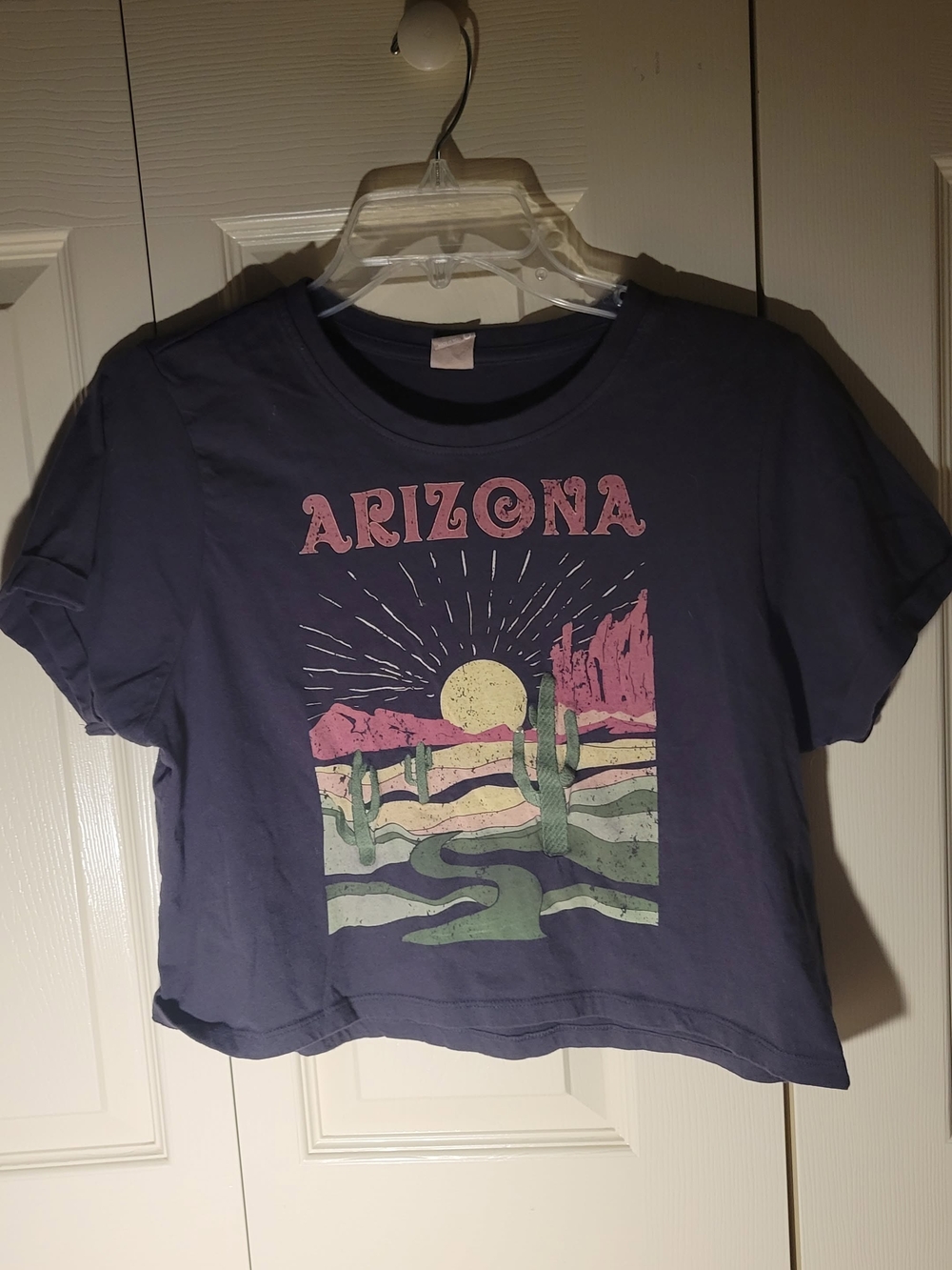 Arizona Graphic Crop Tee in Deep Blue with Pink & Green Print